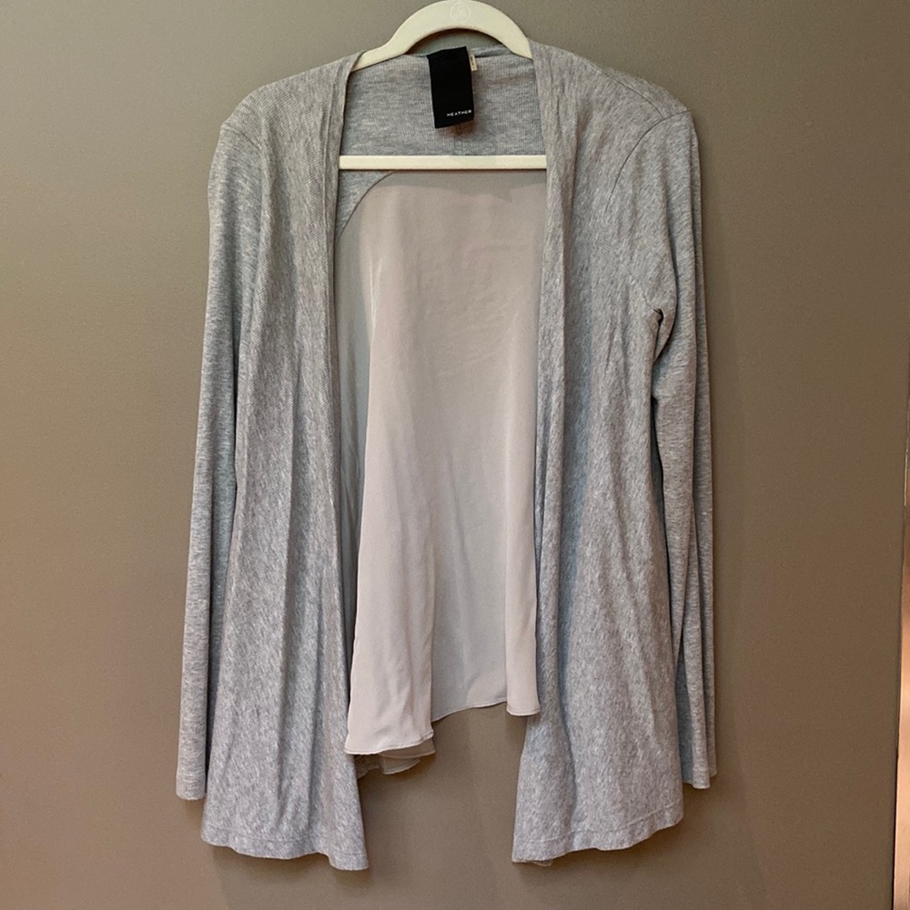 Heather brand. light gray cardigan. Viscose front, silk back. Has pockets :)